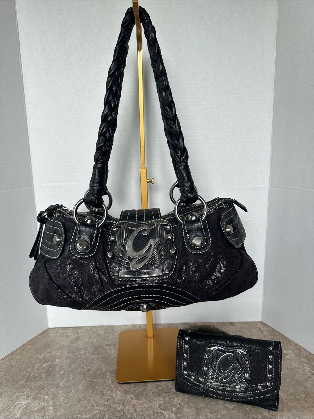 Rare GUESS Vintage Y2K Black Grunge Bag Wallet Set Wing Studded Punk Rock Purse
